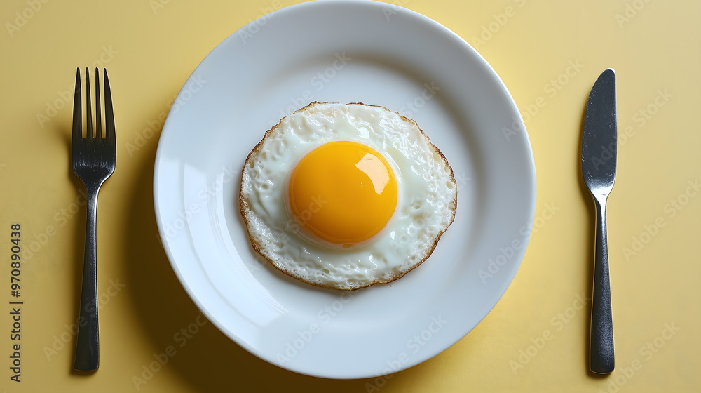 Single fried egg on white plate, minimalist composition. Single fried egg on white plate, minimalist composition.