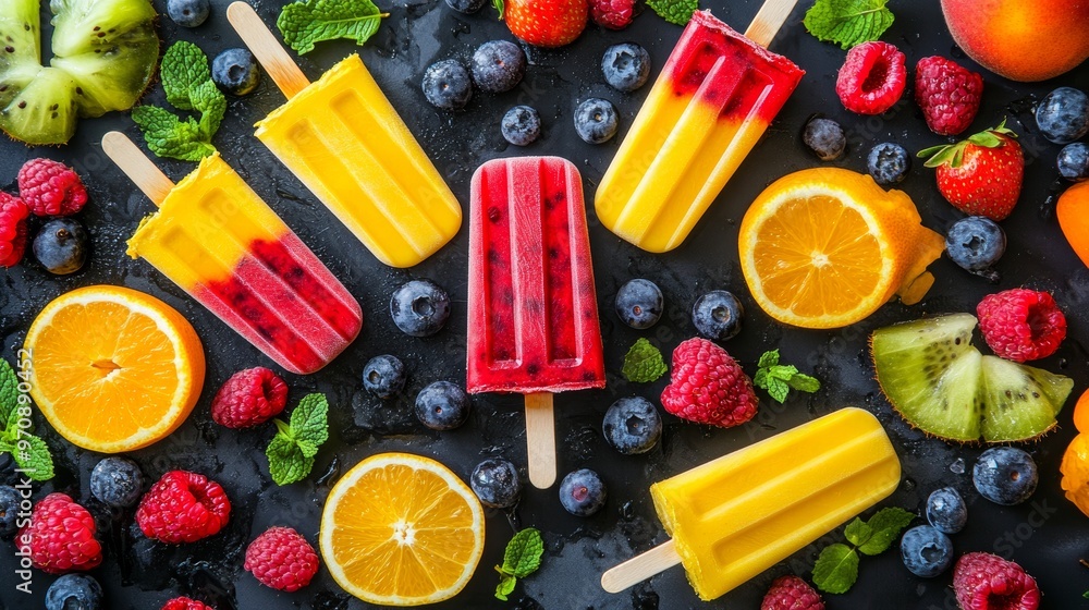 Homemade popsicles with berries and fruits top view. Homemade popsicles with berries and fruits top view.