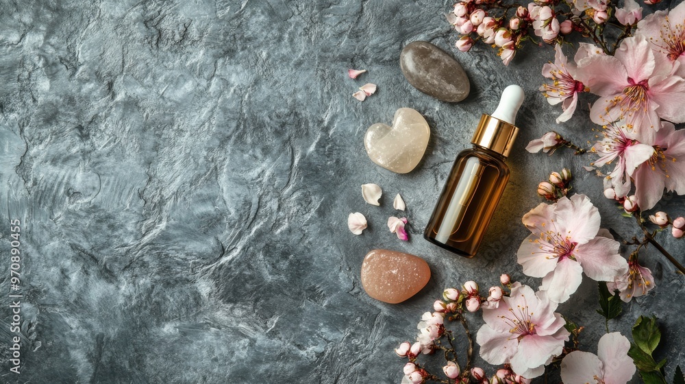 Self care composition with facial serum gua sha facial roller. Floral and stone therapy tools for facial rejuvenation on a textured surface. Self care composition with facial serum gua sha facial roller. Floral and stone therapy tools for facial rejuvenation on a textured surface.