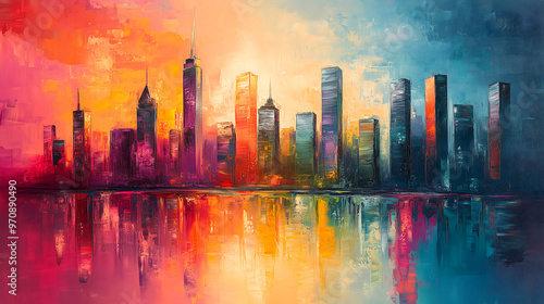 Skyline city view with reflections on water. Original oil painting on canvas