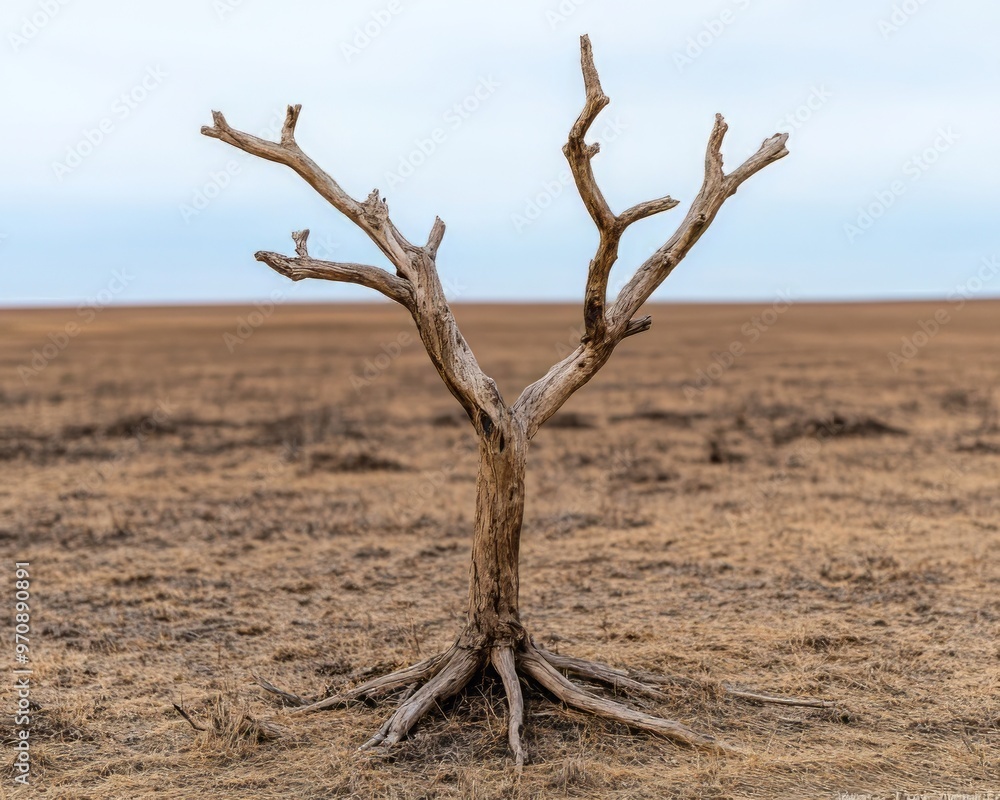 Solitude in Barren Lands: A lone, weathered tree stands defiant against a desolate landscape, its gnarled branches reaching towards the sky. Solitude in Barren Lands: A lone, weathered tree stands defiant against a desolate landscape, its gnarled branches reaching towards the sky.