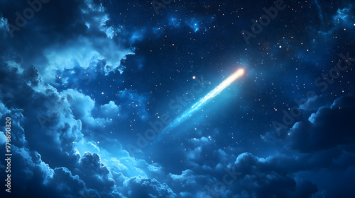 twinkling comet in a blue starry sky