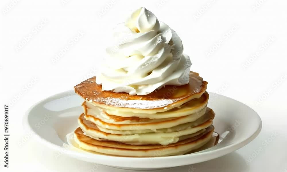 Stack of fluffy pancakes with whipped cream on white background, Video Stack of fluffy pancakes with whipped cream on white background, Video