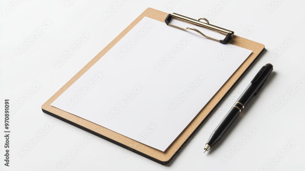 Wooden clipboard with blank white paper mock up with a pen isolated tin white background Wooden clipboard with blank white paper mock up with a pen isolated tin white background
