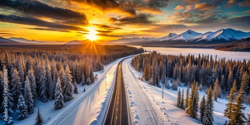 Winding highway cuts across snow-draped tundra, intersecting frozen lakes and dark forests beneath a massive, photo