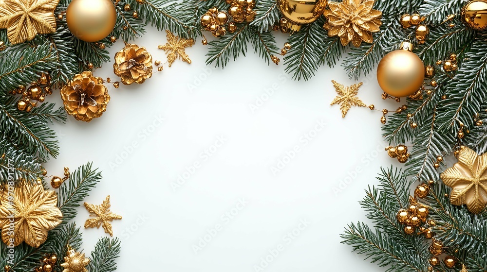 Golden Christmas Decorations on Snowy Evergreen Branches Golden Christmas Decorations on Snowy Evergreen Branches
