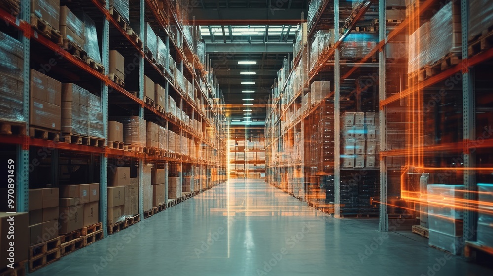 A wide aisle of a large warehouse with shelves stacked with cardboard boxes. Light streaks from a forklift moving through the aisle. A wide aisle of a large warehouse with shelves stacked with cardboard boxes. Light streaks from a forklift moving through the aisle.