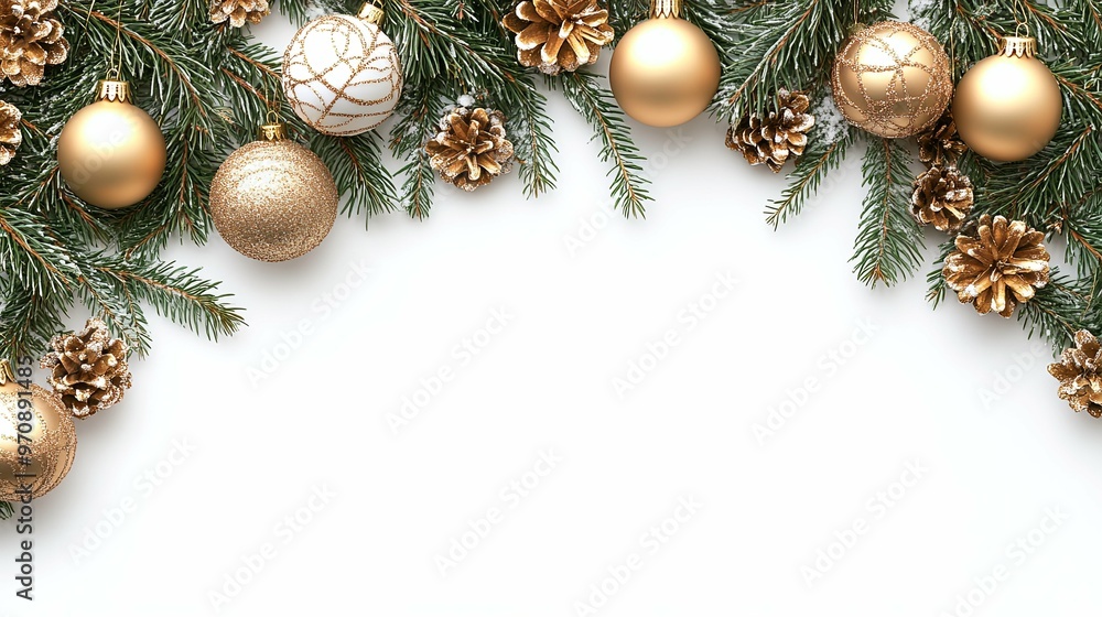 Golden Christmas Ornaments and Pine Cones on a White Background Golden Christmas Ornaments and Pine Cones on a White Background