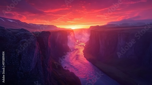 Konstfotografi Beautiful mystical landscape with river in canyon Kolugljufur between the rocks in Iceland at red dawn