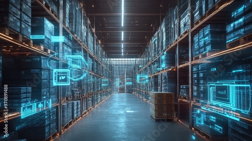 A futuristic warehouse with digital displays showing inventory management and logistics, showcasing the integration of technology in modern warehousing.