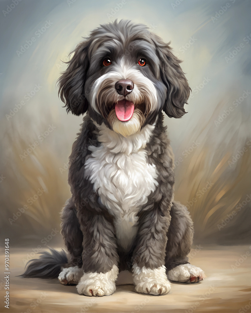 Illustration of Digital Painting of Portuguese Water Dog sitting, with smile, full body Illustration of Digital Painting of Portuguese Water Dog sitting, with smile, full body