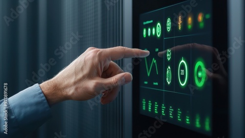 A hand interacting with a digital touchscreen displaying various data metrics and indicators in green tones. photo