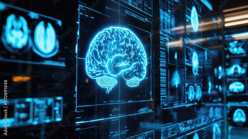 A glowing blue digital brain image displayed on a futuristic monitor surrounded by other medical imagery. A glowing blue digital brain image displayed on a futuristic monitor surrounded by other medical imagery.