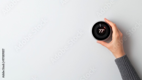 A hand holds a modern thermostat displaying a temperature of 77 degrees Fahrenheit against a minimalist light background, emphasizing smart home technology.