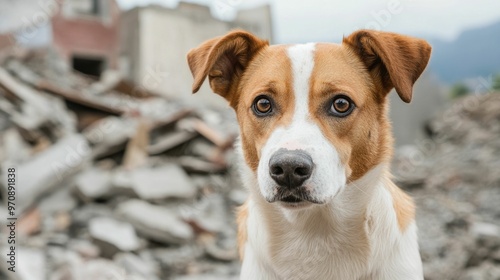 Heroic Rescue Dog Carefully Searching Through Debris and Rubble Aftermath of Devastating Earthquake Collapse to Locate Survivors and Aid Search and Rescue