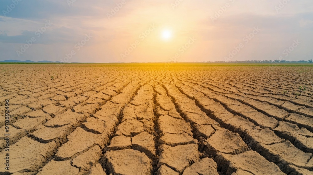Fototapeta premium Heatwave Scorches Drought Stricken Field with Cracked Parched Dry Earth Texture Climate Crisis and Environmental Disaster Concept