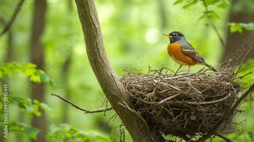 American Robin (Turdus migratorius) on a nest in the summer forest near Wilmington (Delaware).