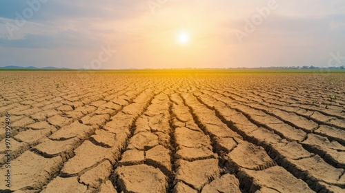 Heatwave Scorches Drought Stricken Field with Cracked Parched Dry Earth Texture  Climate Crisis and Environmental Disaster Concept photo