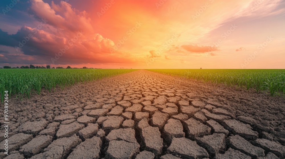 Fototapeta premium Drought stricken Field Ravaged by Scorching Heatwave and Extreme Temperature Crisis Parched Cracked Earth and Withered