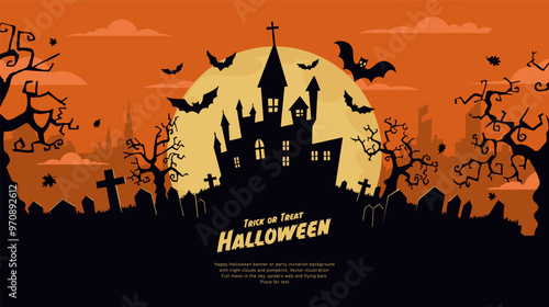 Halloween background with castle, graveyard and bats. Vector illustration.