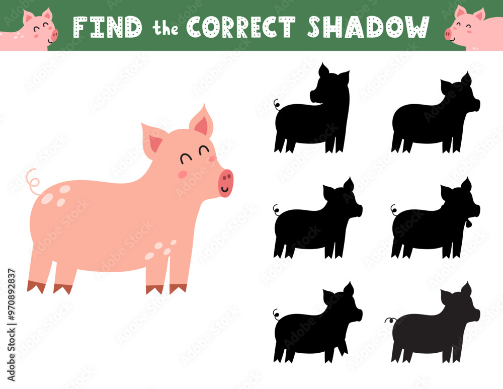 Find the correct shadow activity page for kids with a cute pig. Shadow matching game with a farm character. Vector illustration Find the correct shadow activity page for kids with a cute pig. Shadow matching game with a farm character. Vector illustration