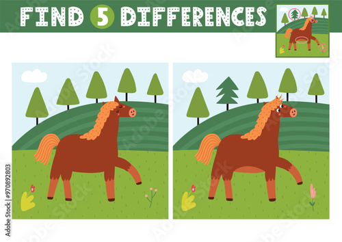 Find differences activity page for kids with a cute horse. Puzzle game with a farm character for developing attention and concentration skills. Vector illustration