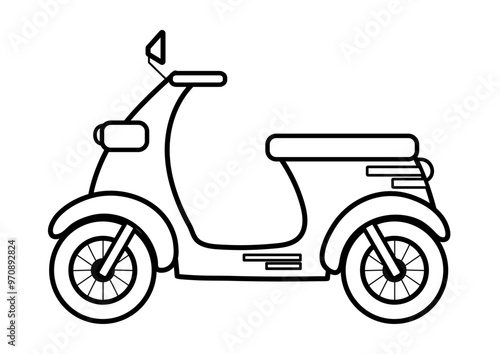 Black and white motorbike in cartoon style. Doodle motocycle vehicle in outline. Great for coloring page, prints. Vector illustration