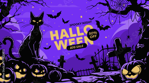 Halloween background with castle, graveyard and bats. Vector illustration.