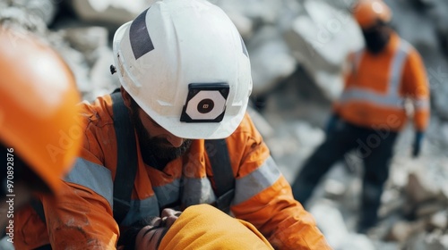 Earthquake survivor being extracted from the debris and rubble by emergency rescue workers during a critical disaster recovery following a devastating natural disaster  The image conveys the urgency photo