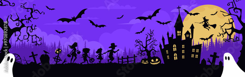 Halloween background with castle, graveyard and bats. Vector illustration.