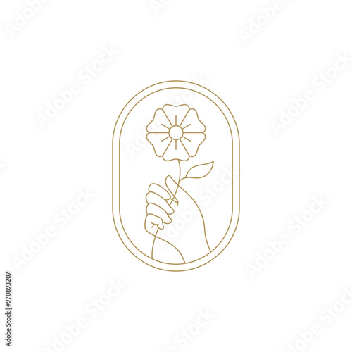 Elegant woman hand with natural flower in ellipse golden frame line art icon vector illustration. Gentle feminine arm with wildflower floral blossom luxury logo for organic cosmetic spa relax salon