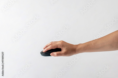 Computer mouse wireless and hand on white background.