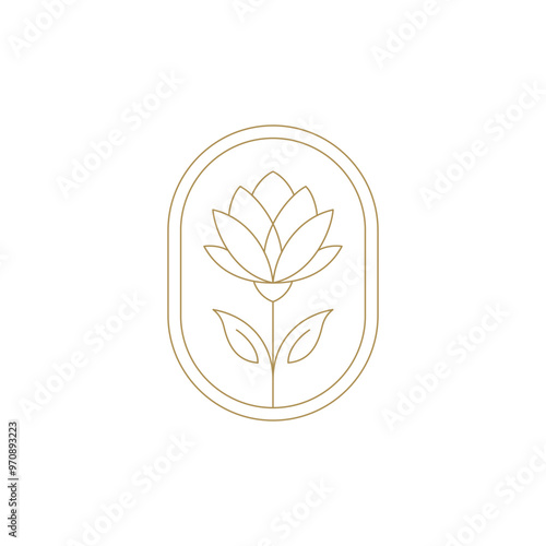 Beautiful blossom lotus flower in golden ellipse frame line art icon vector illustration. Natural beauty organic floral herb plant luxury emblem logo for premium spa wellness salon cosmetology