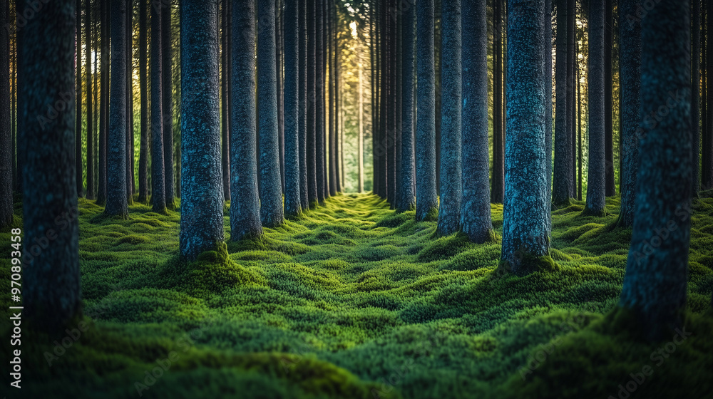 Fototapeta premium Perfectly Aligned Silver-Barked Trees with Smooth Blue-Green Moss Cover, Symmetrical Tranquil Forest Scene in Soft Sunlight