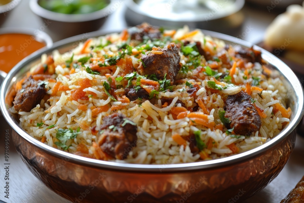 A plate of rice with green peas and orange carrots, beautifully arranged on the table in a restaurant, captured from a close-up angle. A plate of rice with green peas and orange carrots, beautifully arranged on the table in a restaurant, captured from a close-up angle.