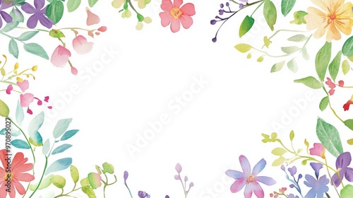 Colorful floral border with watercolor flowers and leaves for spring design