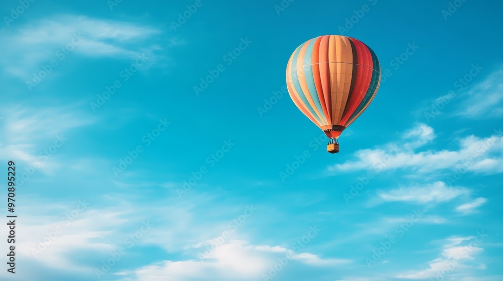 Naklejka premium Colorful Hot Air Balloon Soaring in Blue Sky with Clouds