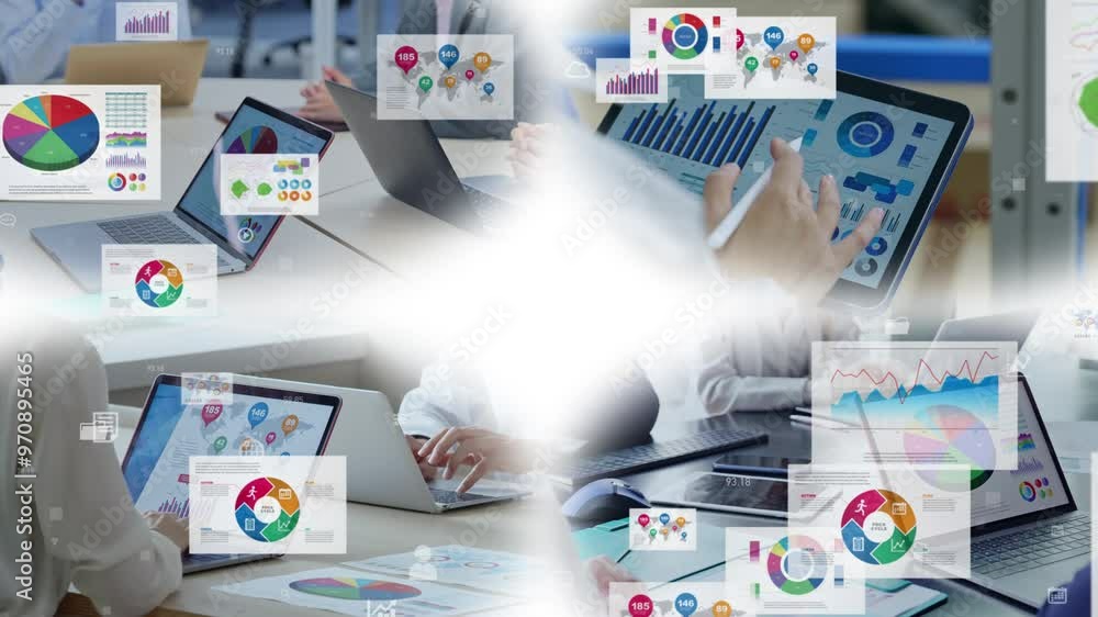 Collage of various business scenes and statistical data concept. Wipe transition from white background. Collage of various business scenes and statistical data concept. Wipe transition from white background.