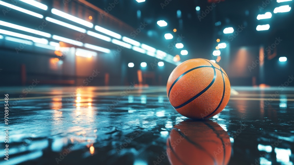 A basketball resting on a shiny court, illuminated by dramatic lighting. A basketball resting on a shiny court, illuminated by dramatic lighting.