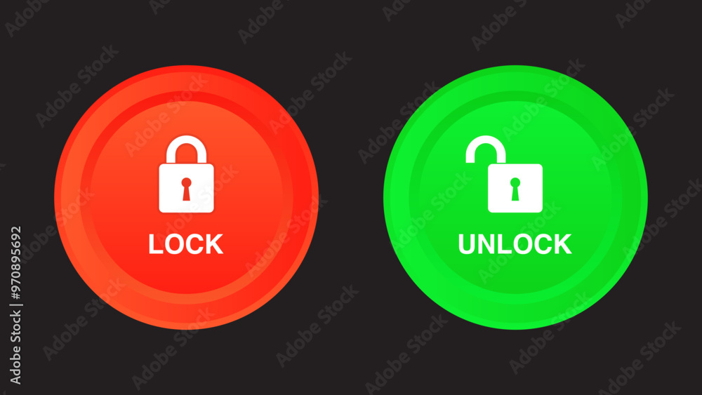 Red and Green Lock and Unlock Icons: Open and Closed Padlock Button Set. Security Vector Illustrations Red and Green Lock and Unlock Icons: Open and Closed Padlock Button Set. Security Vector Illustrations