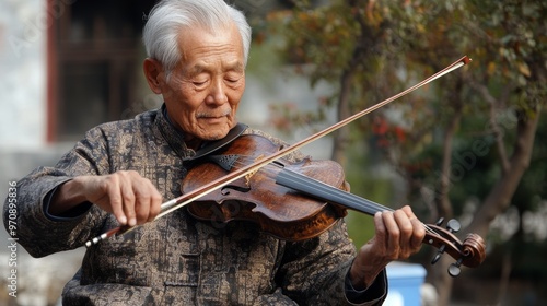 Old man plays an erhu two-stringed bowed fiddle. The Erhu is an ancient Asian instrument brought to China during the Han dynasty (140 B.C.) by members of the huqin family. photo