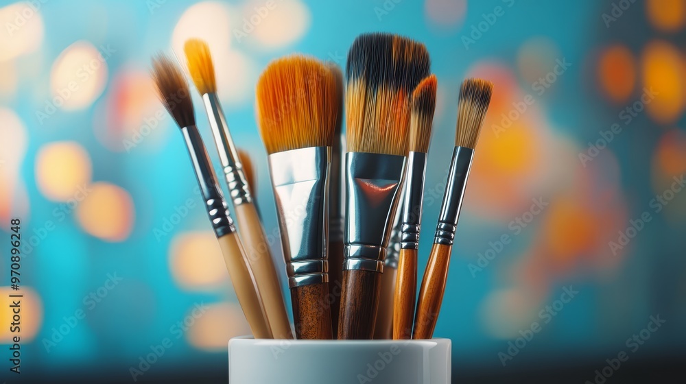 Fototapeta premium Set of Paintbrushes in White Holder on Teal Background
