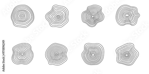 Doodle distorted circles set. Tree rings, wood age. Wavy curve. Vector simple design