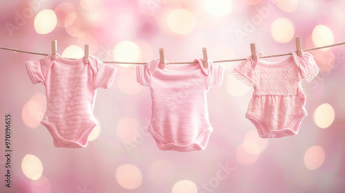 Light pink baby onesies, infant rompers hanging on a clothesline with wooden clothespins on a soft pink background.