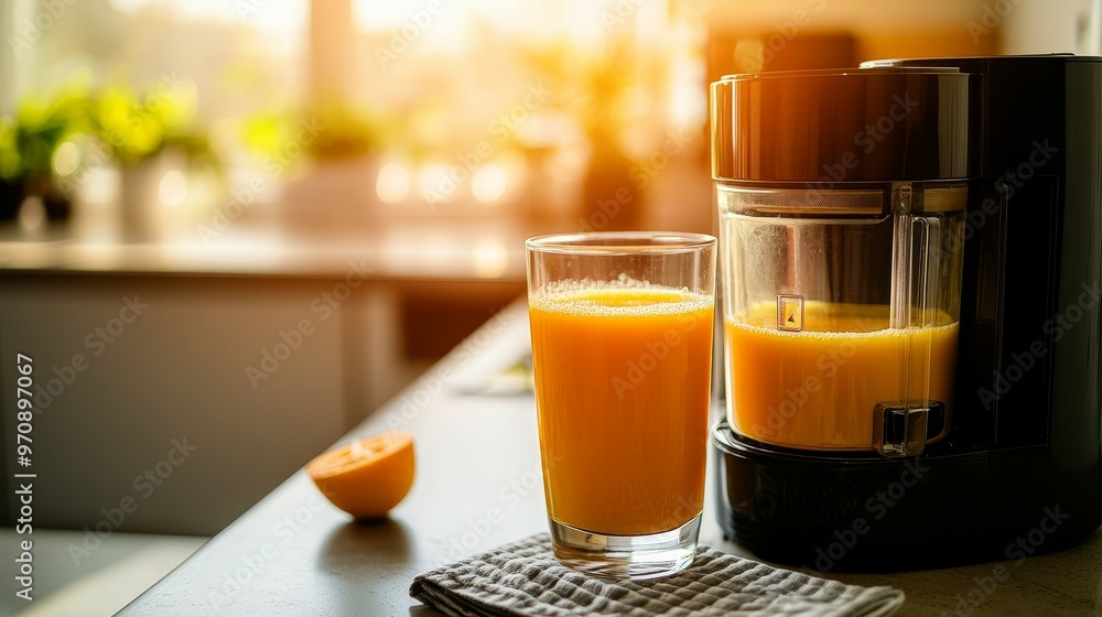 A glass of fresh orange juice beside a juicer on a kitchen counter, illuminated by sunlight. A glass of fresh orange juice beside a juicer on a kitchen counter, illuminated by sunlight.