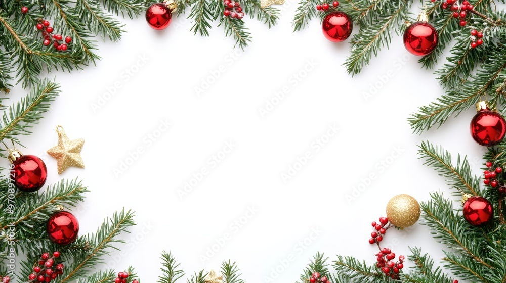 Bright Christmas frame of spruce red gold christmas decorations on white background. Copy space. Winter holidays New Year.