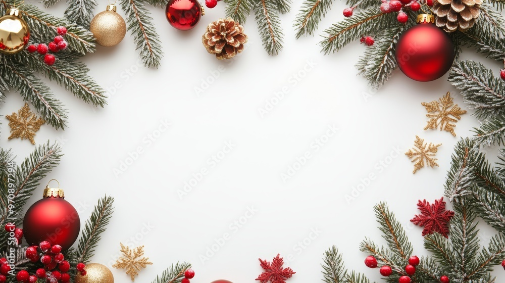 Bright Christmas frame of spruce red gold christmas decorations on white background. Copy space. Winter holidays New Year. Bright Christmas frame of spruce red gold christmas decorations on white background. Copy space. Winter holidays New Year.