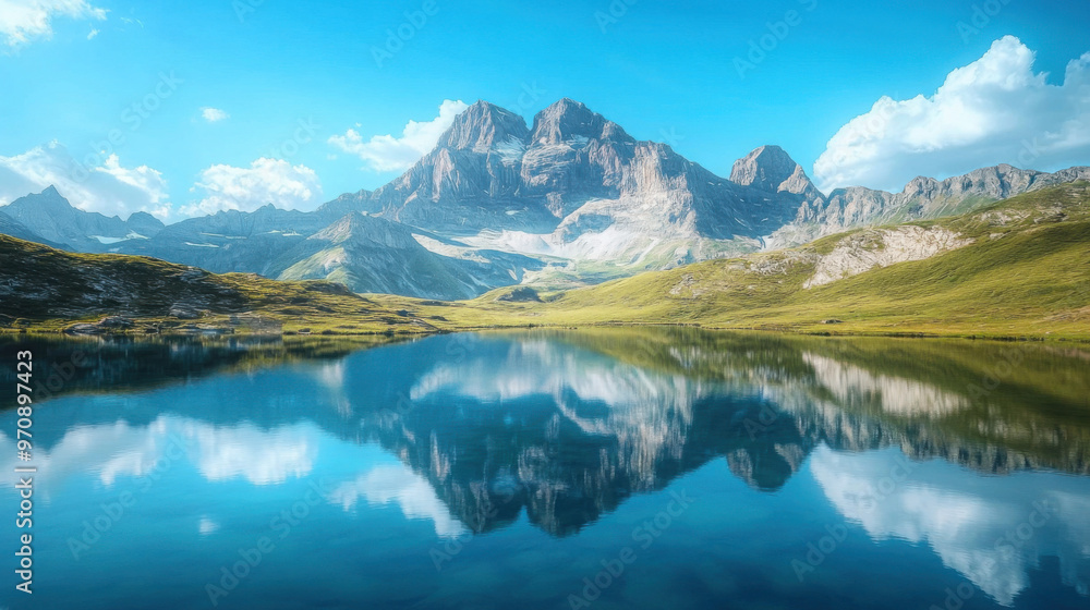 A mountain range reflected perfectly in a crystal-clear alpine lake, with the sky a brilliant blue. A mountain range reflected perfectly in a crystal-clear alpine lake, with the sky a brilliant blue.