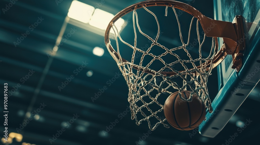 A basketball is about to enter a hoop in a gymnasium setting. A basketball is about to enter a hoop in a gymnasium setting.