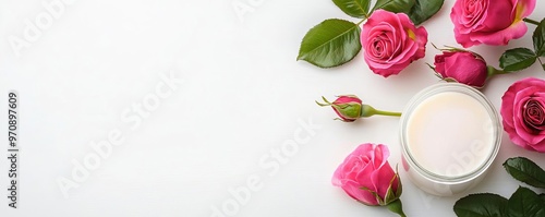 A serene arrangement of pink roses surrounding a jar of cream on a white background, perfect for beauty and skincare concepts.